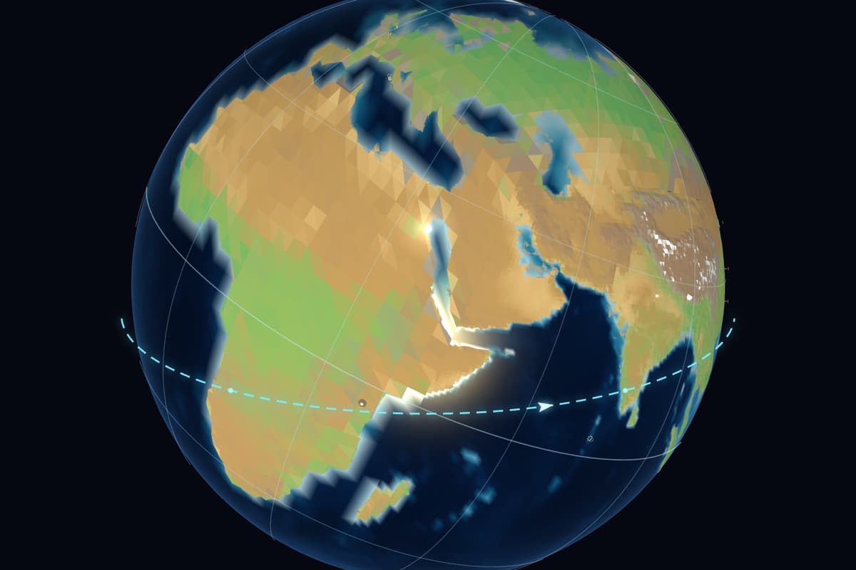 游戏内渲染的 1:100 地球，带经纬网和环球航线